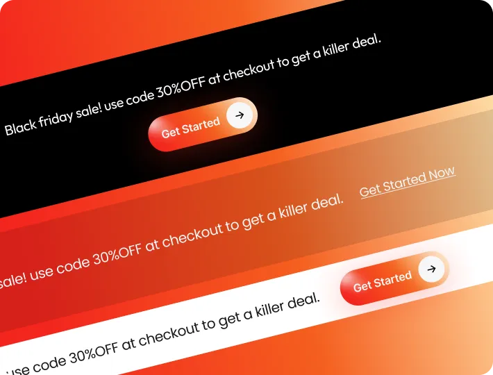 Three diagonal banners with Black Friday 30% OFF sale text and Get Started buttons on red, black, and white backgrounds.
