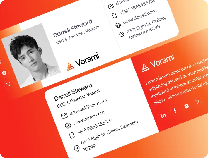 Vorami business card for Darrell Steward, CEO & Founder, with photo, contact info, and social icons.