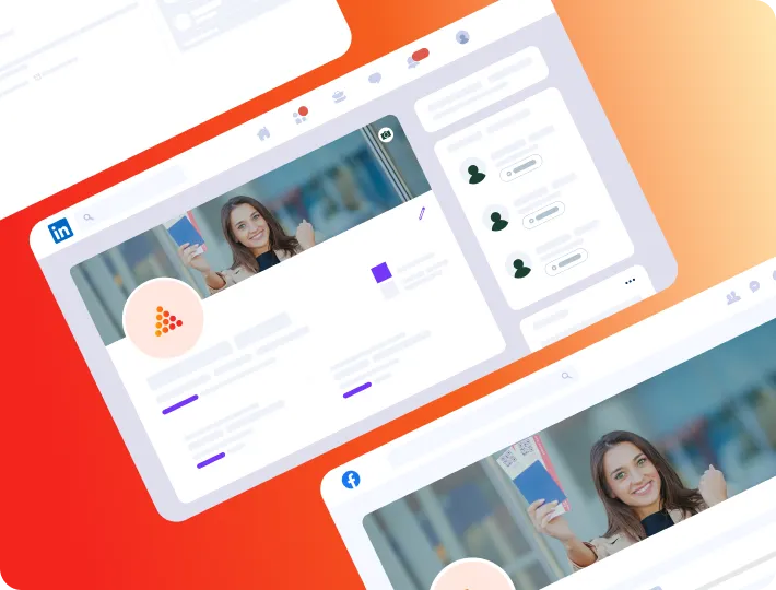 Illustration of a woman holding a passport on social media profiles resembling LinkedIn and Facebook.
