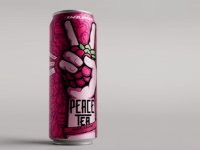 Synthetic 3D render of a pink Peace Tea Razzleberry can with its peace-sign artwork