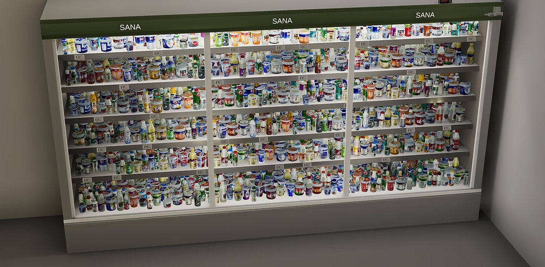 A digital recreation of a supermarket shelf with products on it.