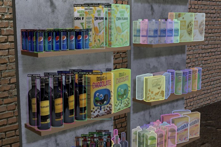 A virtual recreation of a supermarket shelf with products on it. The products have 3D bounding boxes around them.