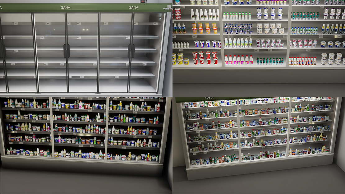 A series of supermarket product and shelf images from a synthetic dataset.