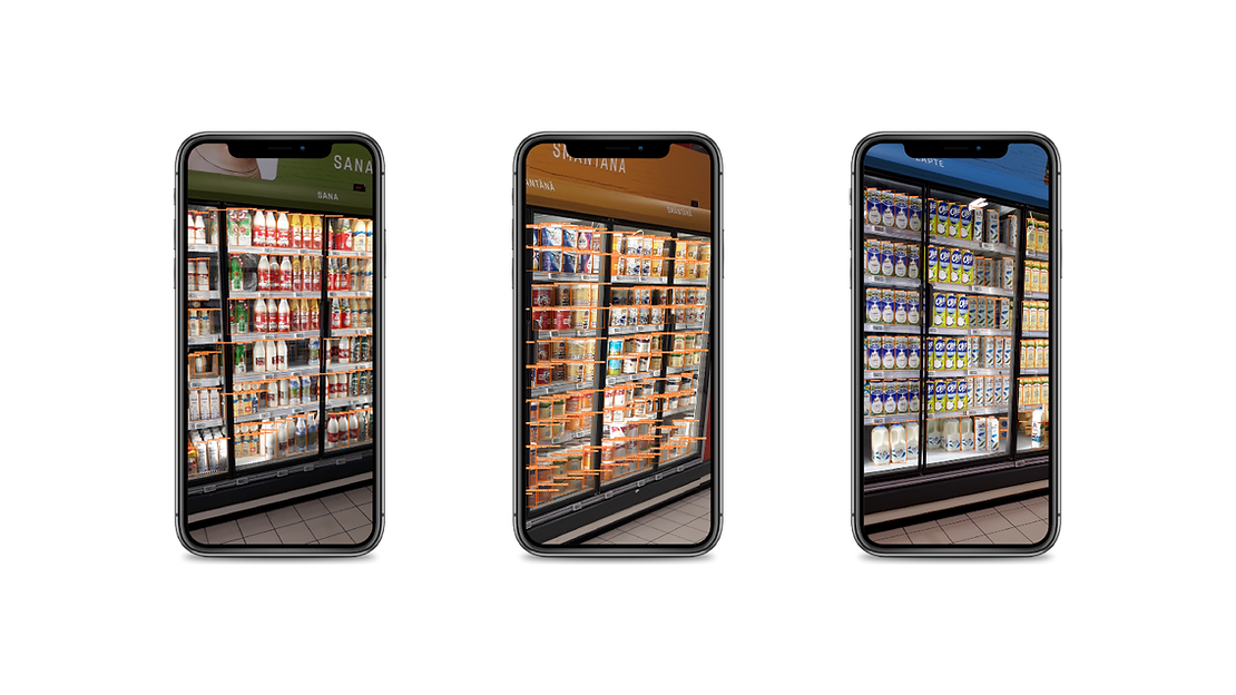 Three mobiles devices each with an image of a supermarket fridges with bounding boxes around each product.