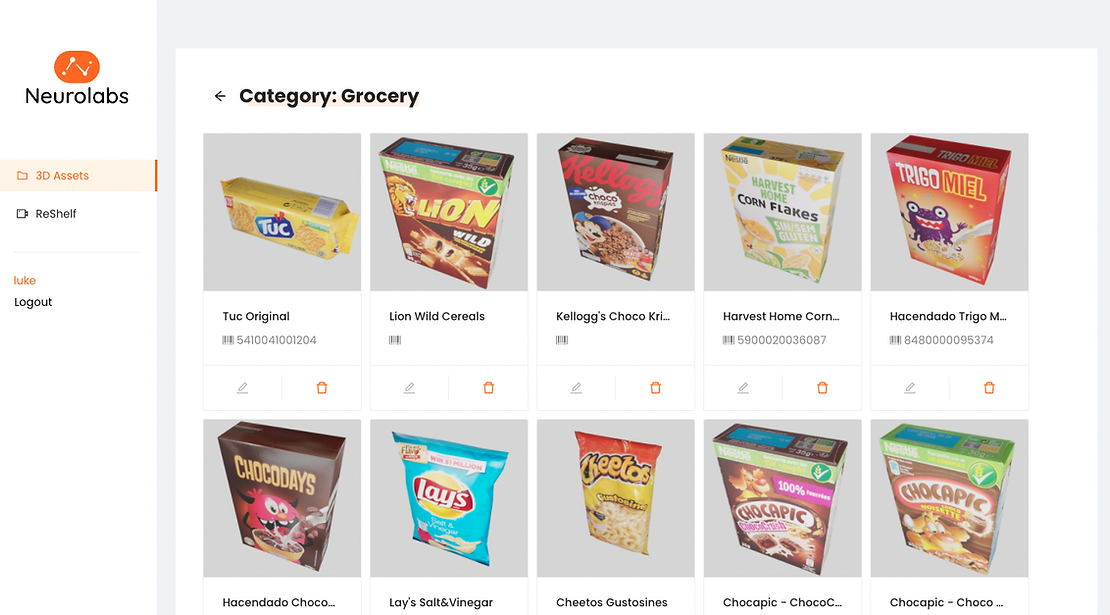A screenshot of the Neurolabs platform and its catalog of virtual supermarket products used for Synthetic Computer Vision.