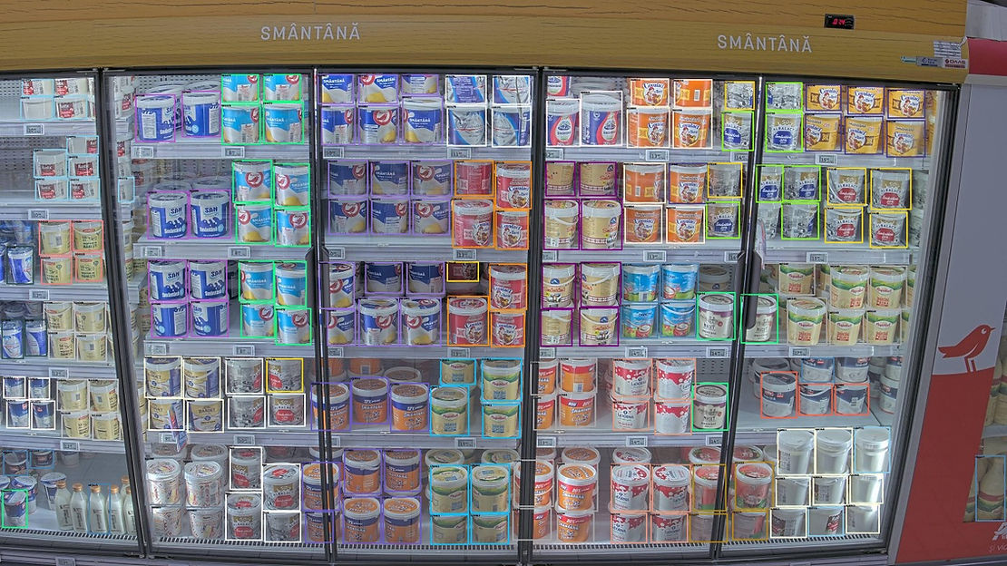 A supermarket shelf with automatic bounding boxes around each product that is being detected.