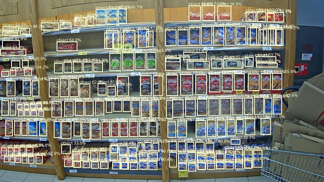 Image recognition technology showing bounding boxes around products live on a retail shelf