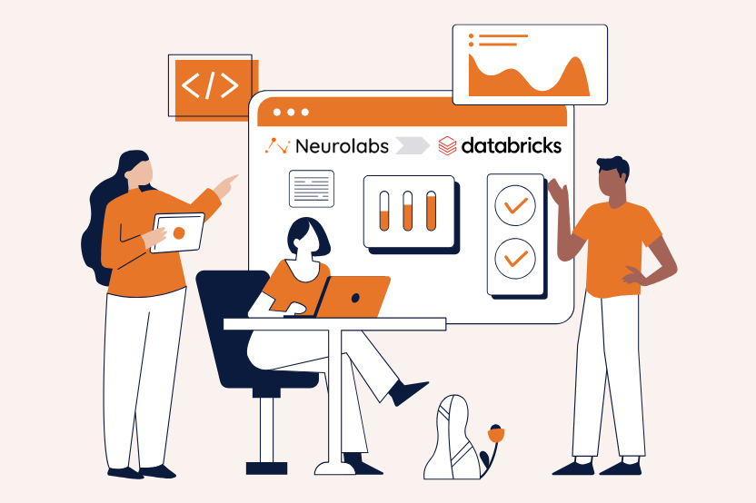 Illustration of three colleagues reviewing dashboards on a browser window showing the Neurolabs and Databricks logos