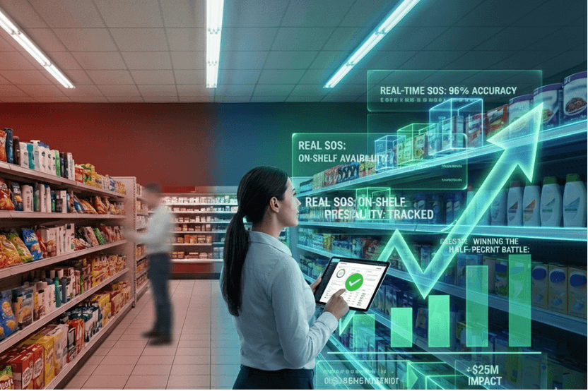 Retail worker with a tablet in a supermarket aisle, overlaid with real-time share-of-shelf and availability metrics