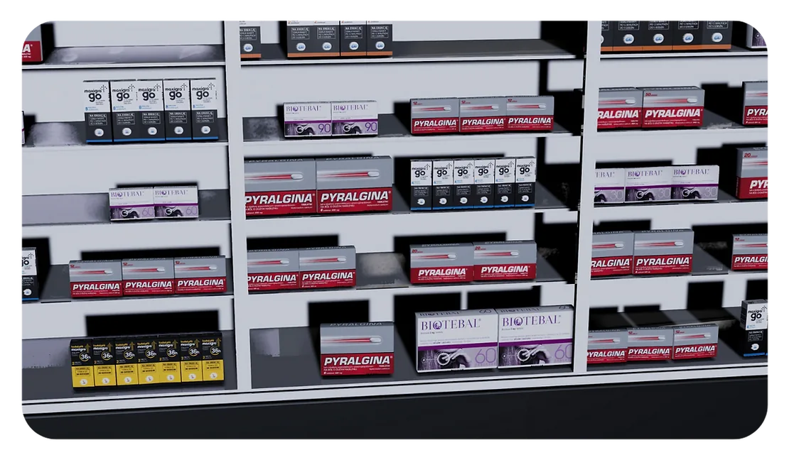 Synthetic pharmacy shelf generated by Neurolabs to train AI image recognition models for retail product detection.