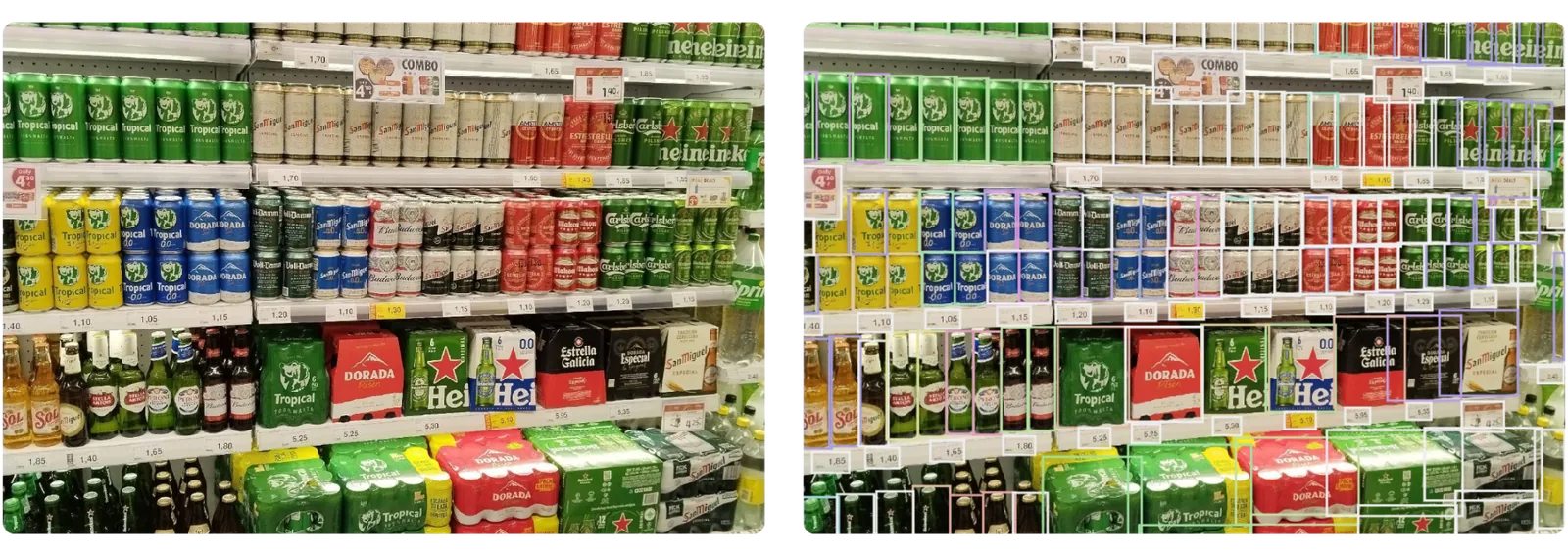 Left: An in-store image captured during a store visit. Right: Neurolabs' AI automatically identifies every product on the shelf, transforming a single image into actionable retail execution data.
