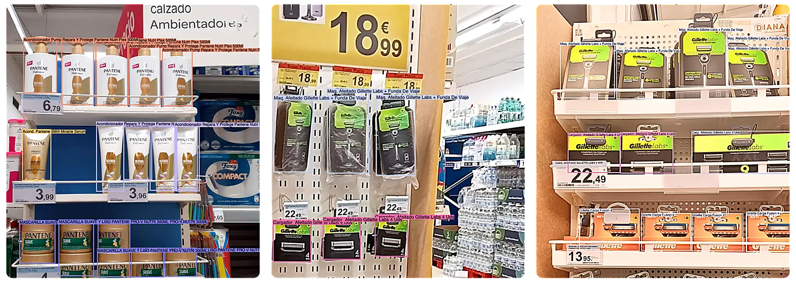 Examples of Neurolabs AI identifying products on retail shelves across multiple store categories using synthetic image recognition.