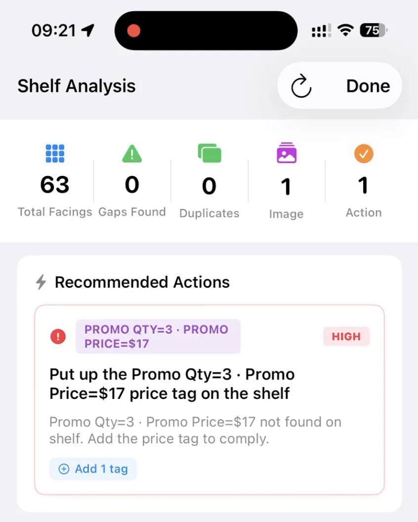 Mobile retail execution app displaying AI shelf analysis with facings, gaps, compliance metrics and a recommended promotional price tag action.