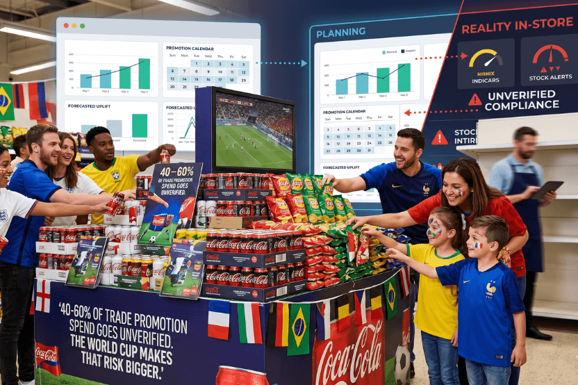 Shoppers in football shirts at a Coca-Cola World Cup display beside dashboards flagging unverified promotion spend