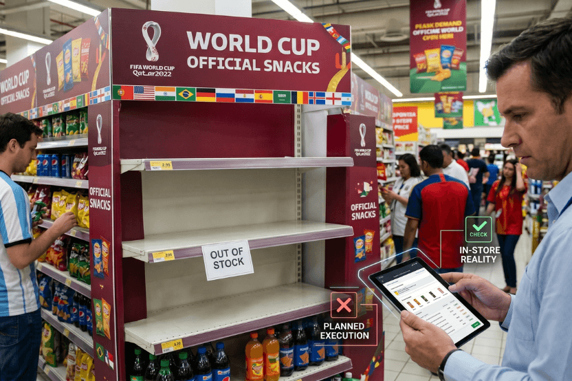 Empty FIFA World Cup Qatar 2022 snacks display with an out-of-stock sign as a shopper checks a tablet