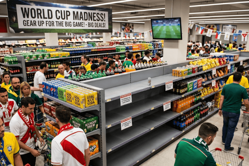 Supermarket aisle under a World Cup Madness banner with empty shelves and football fans filling trolleys
