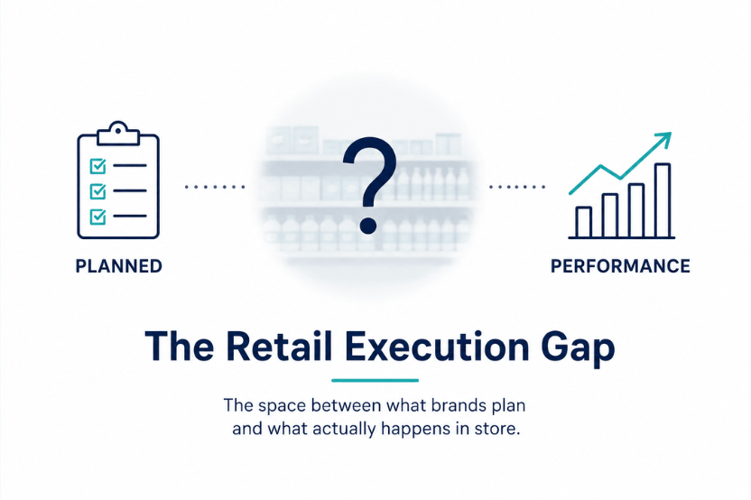 Diagram of the retail execution gap: a planned checklist and a performance chart separated by a question mark over a shelf