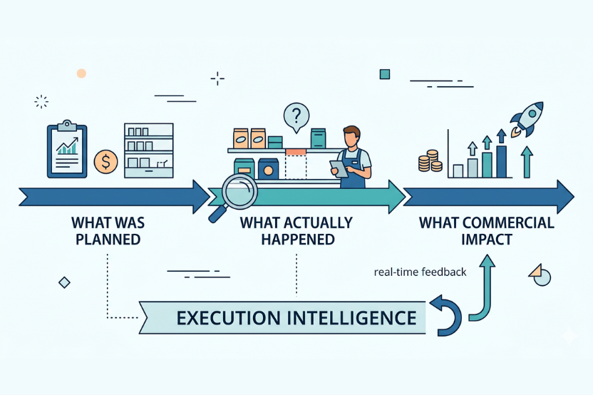 Diagram linking what was planned, what actually happened and commercial impact through an Execution Intelligence loop