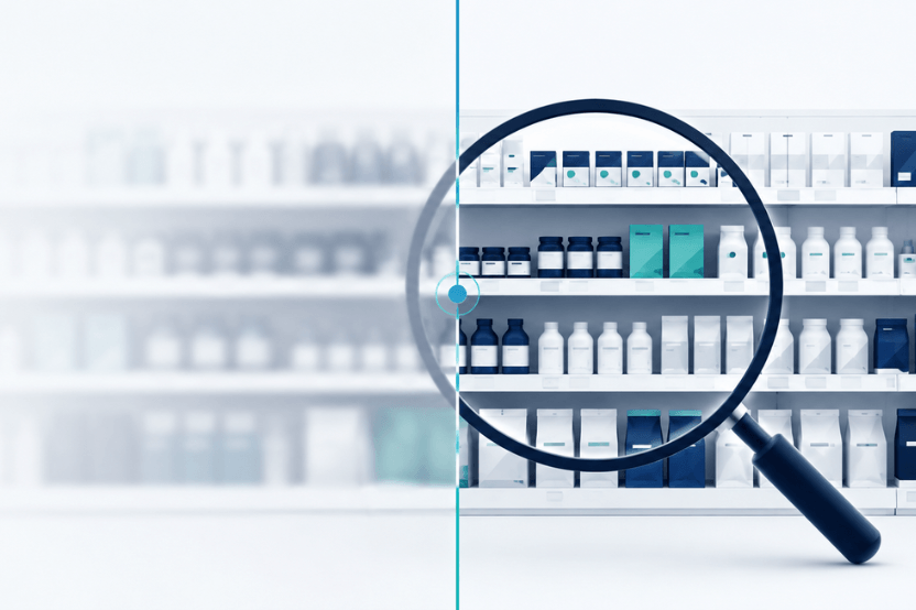 Health and beauty shelf blurred on one side and sharp under a magnifying glass on the other