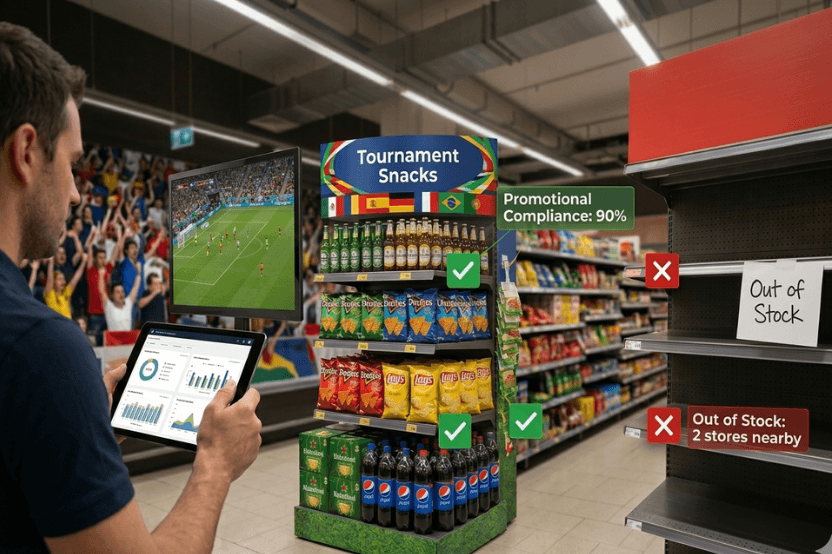 Tournament Snacks display of beer, crisps and Pepsi scored 90% promotional compliance beside an empty out-of-stock shelf