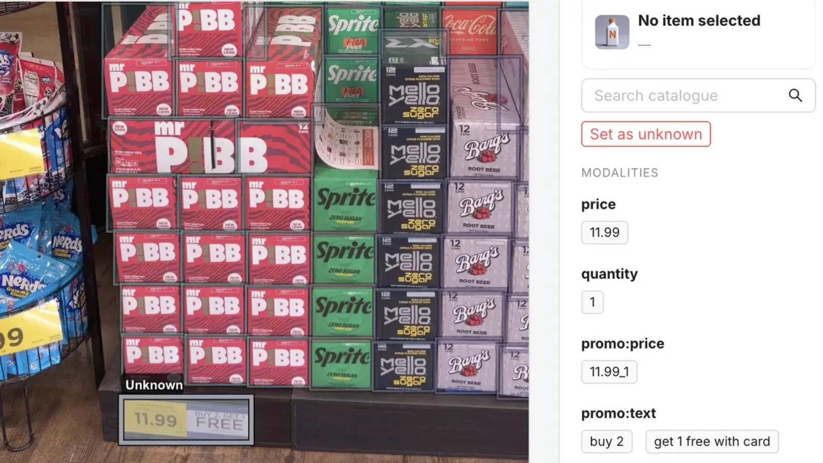 Catalogue annotation screen with Mr Pibb, Sprite, Mello Yello and Barq's stacks boxed beside promotion price fields
