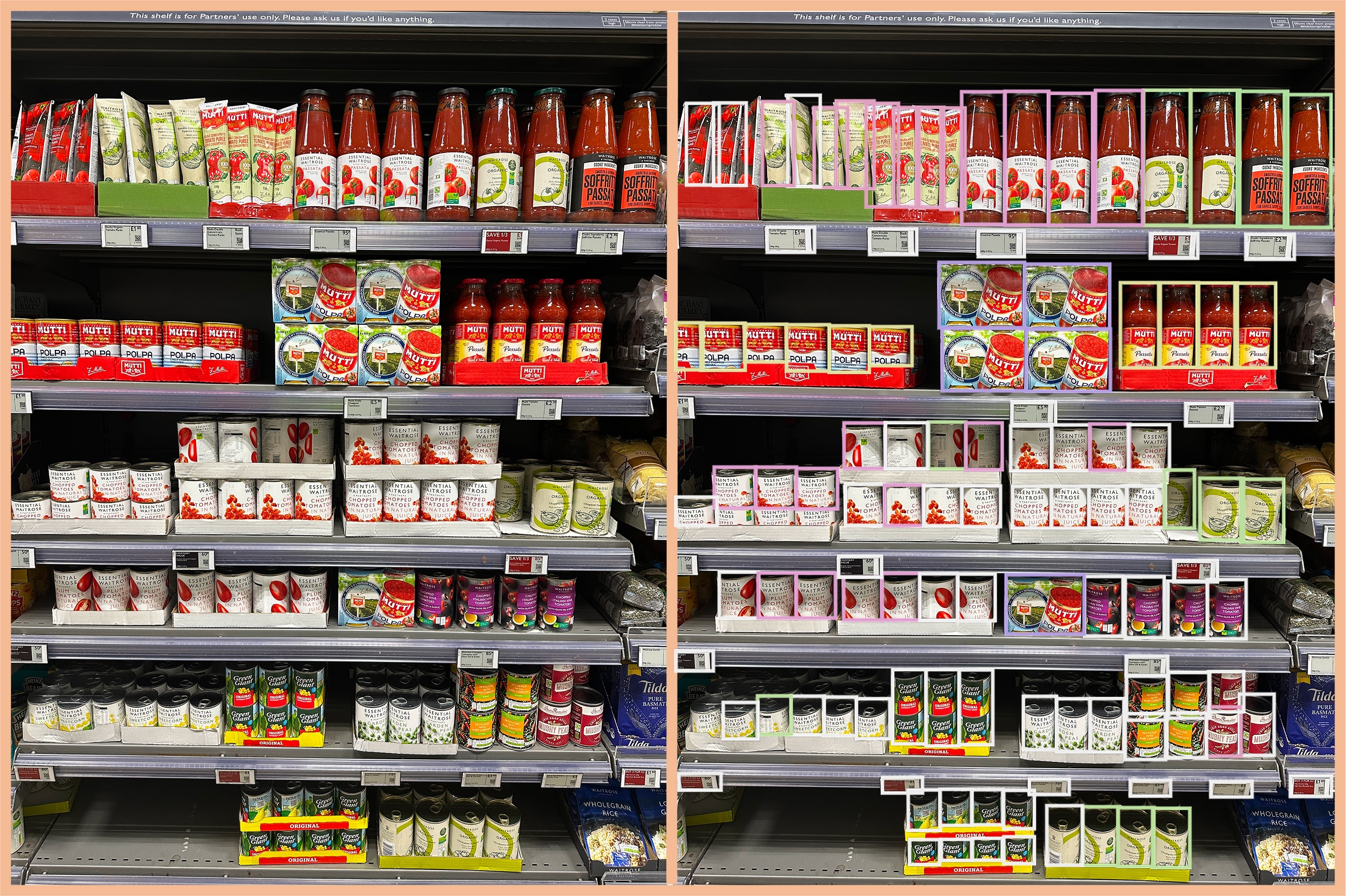 Pasta sauce shelf shown plain and again with every Mutti and Essential Waitrose pack outlined by detection boxes
