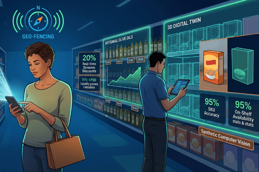 Illustrated store with shoppers on phones, geo-fencing, a 3D digital twin and SKU accuracy overlays