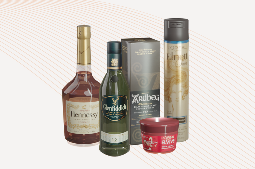 3D renders of Hennessy cognac, Glenfiddich and Ardbeg whisky bottles with L'Oreal Elnett and Elvive haircare products