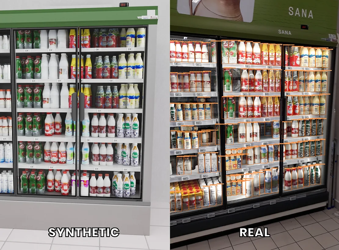 A comparison of two images taken on a mobile device, one synthetic and one real, used for product detection in supermarkets.