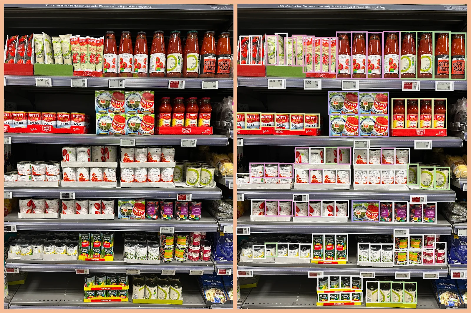 Supermarket tomato and pasta sauce shelf shown before and after image recognition, with every product outlined by a coloured detection box