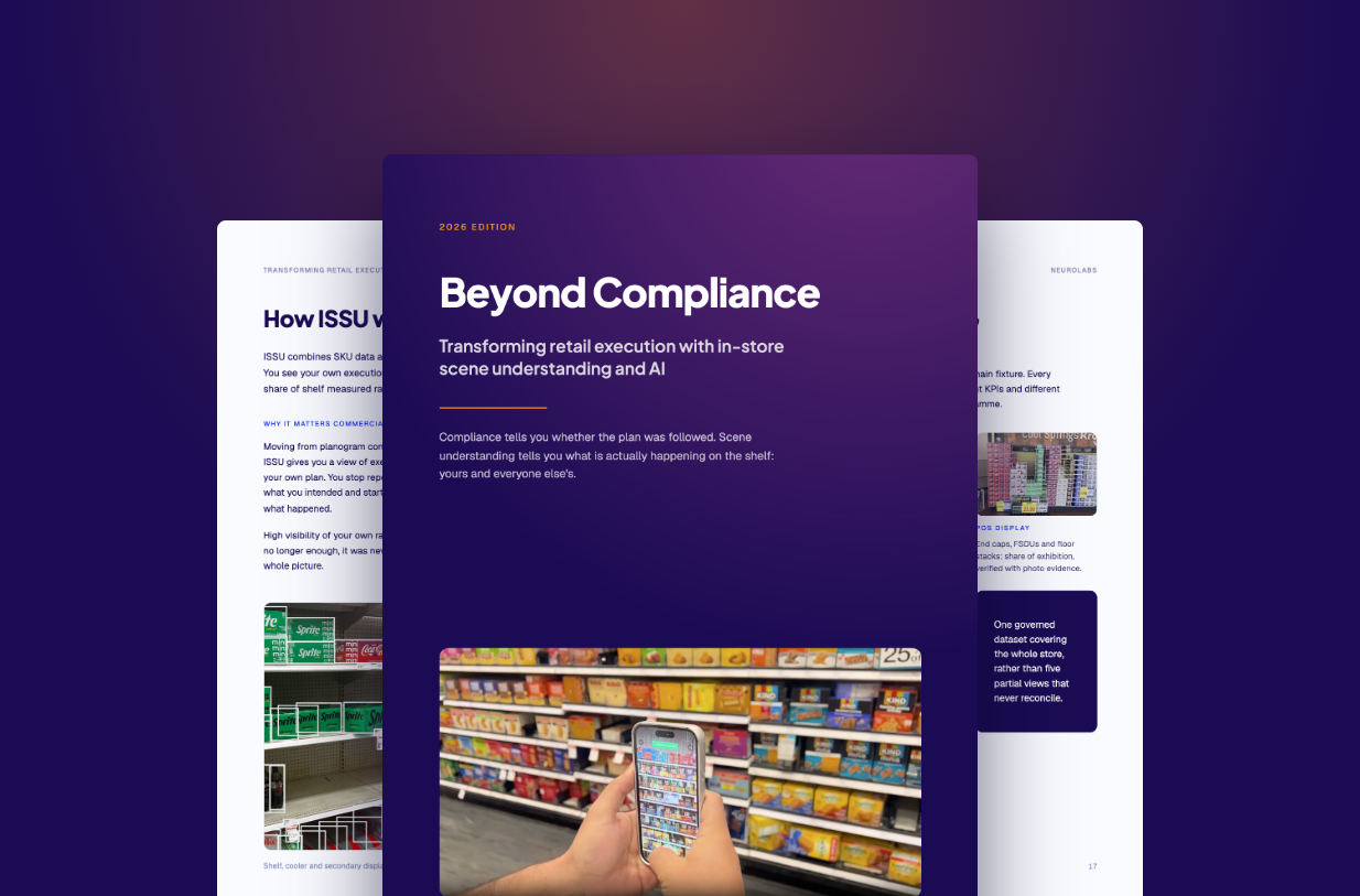 Cover of the Beyond Compliance guide on in-store scene understanding, with two inside pages behind it