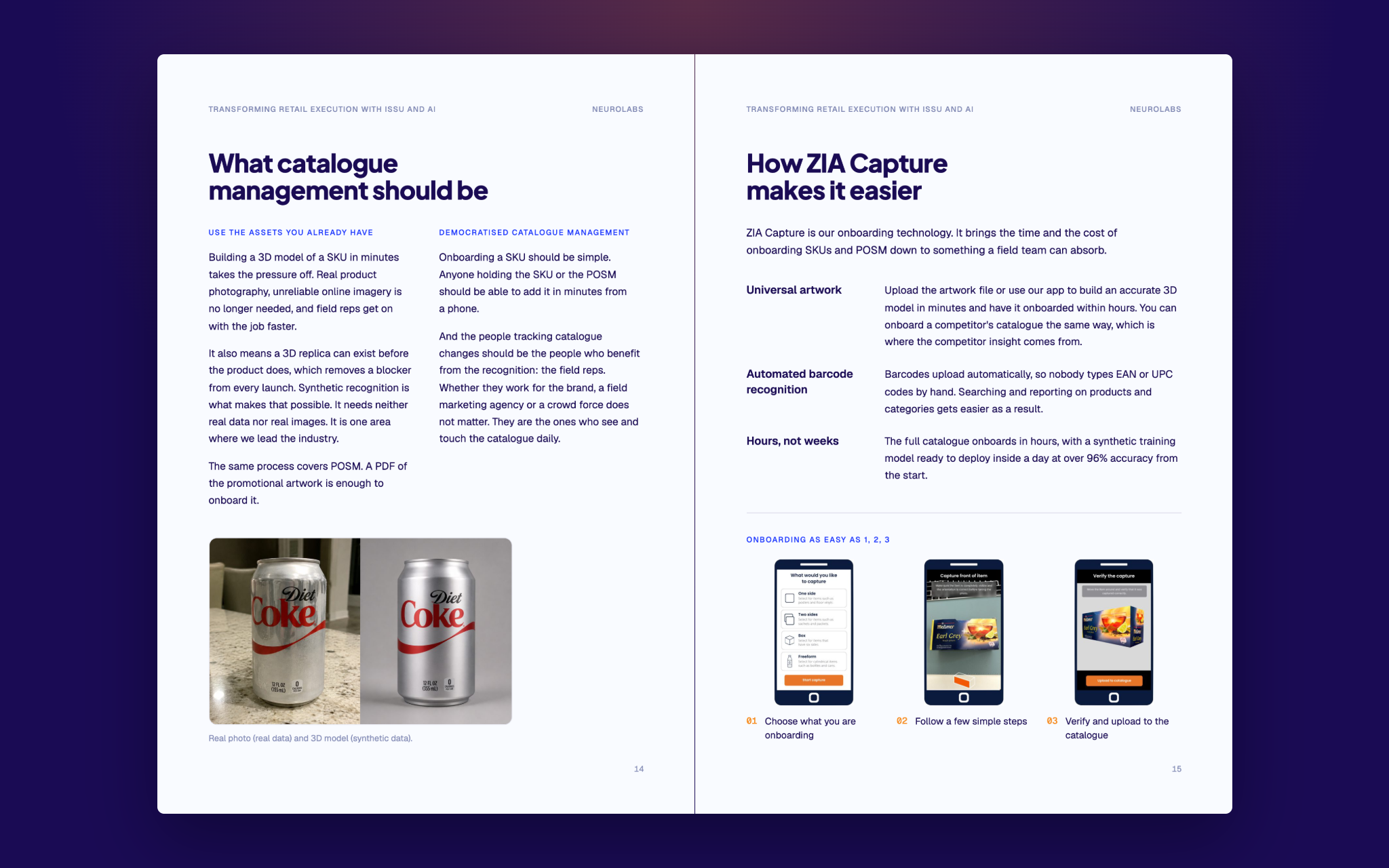 Two-page spread from the Beyond Compliance guide comparing a real product photo with a 3D digital twin beside the three ZIA Capture onboarding steps