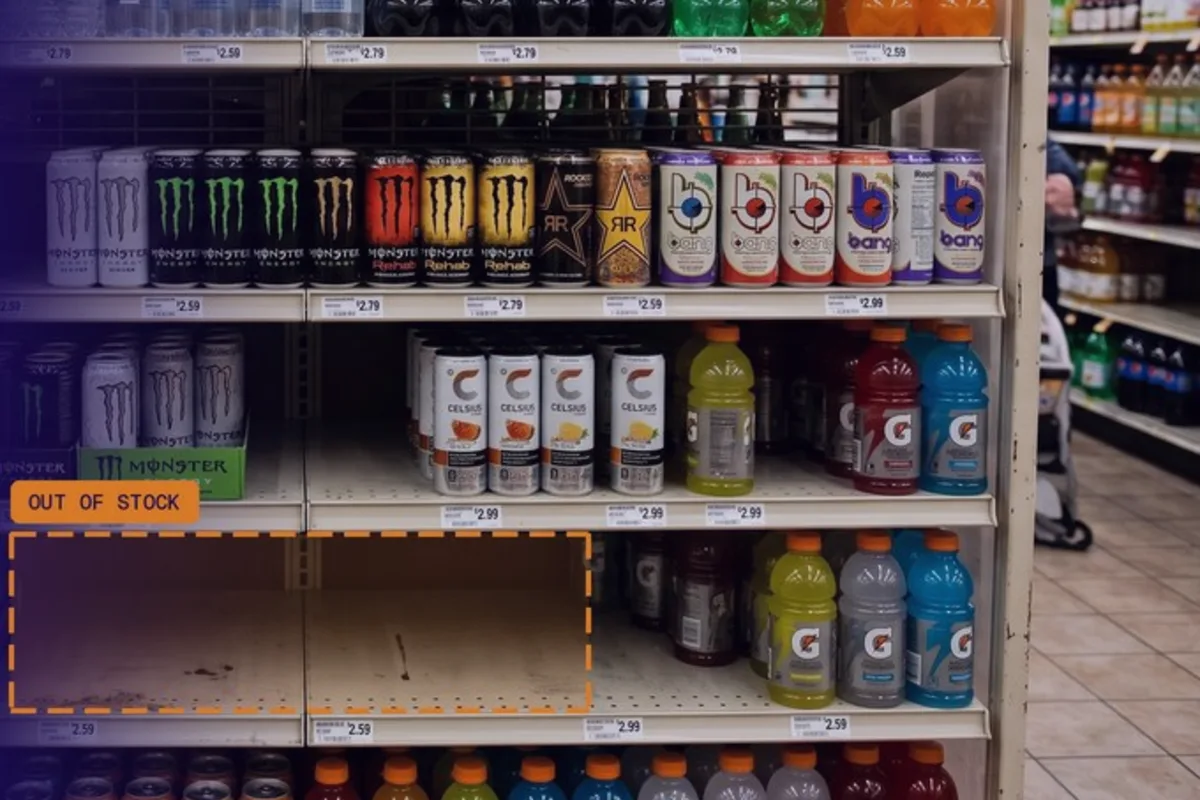 Convenience store drinks shelf with an empty facing outlined and flagged out of stock