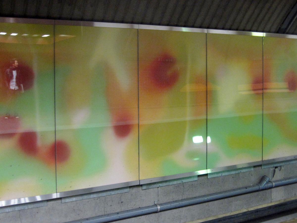 Image of the colourful artwork inside Snowdon Metro Station in the STM Network.
