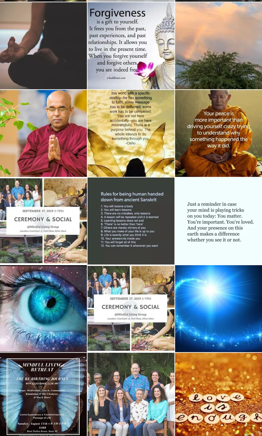 Collage of inspirational spiritual images with quotes about forgiveness, peace, purpose, and mindfulness.