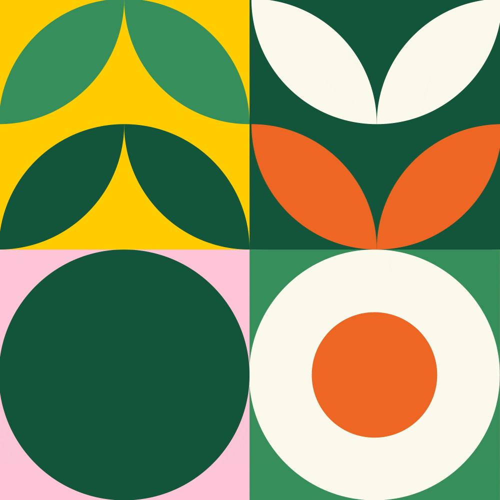 Colorful geometric pattern with green leaf shapes on yellow and dark green backgrounds, a dark green circle on pink, and concentric white and orange circles on green.