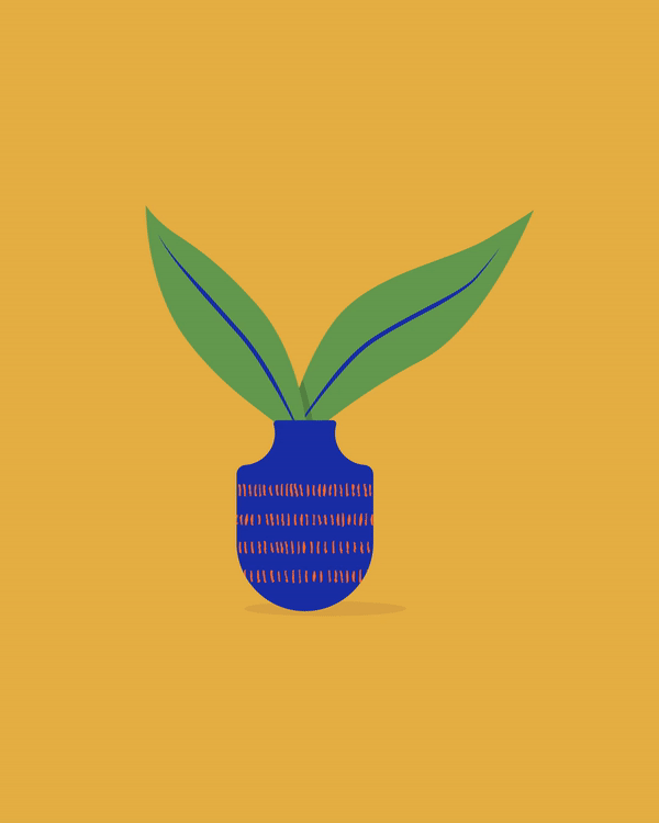 Animation of a blue vase with pink stripes on a mustard background, with two large green leaves growing from it, both leaves rotating slowly back and forth.