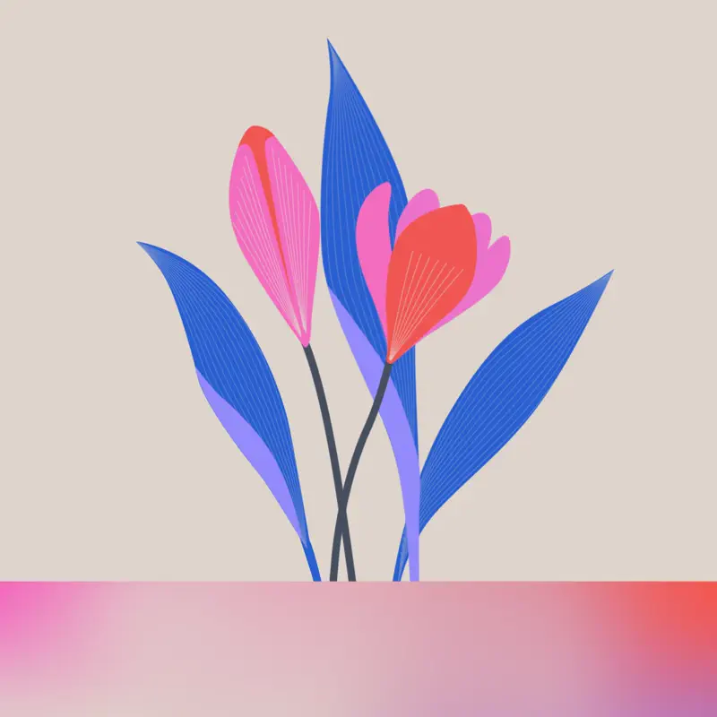 Digital illustration of pink and red flowers with blue and purple leaves on a beige background.