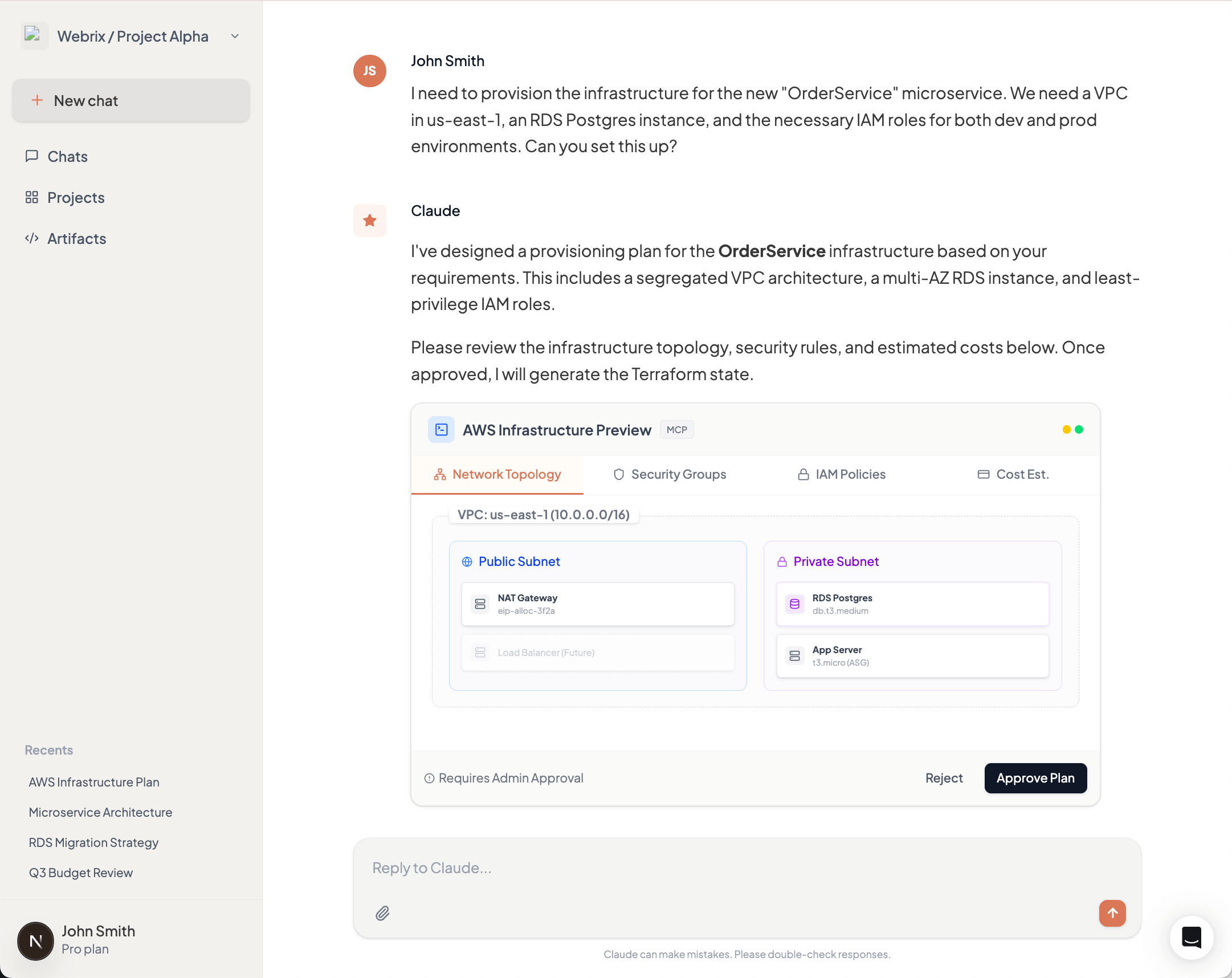 Screenshot of MCP Apps Extension showing an interactive infrastructure approval interface with visual network diagrams, security group rules in tables, IAM policy comparisons, and cost estimates for AWS resource provisioning