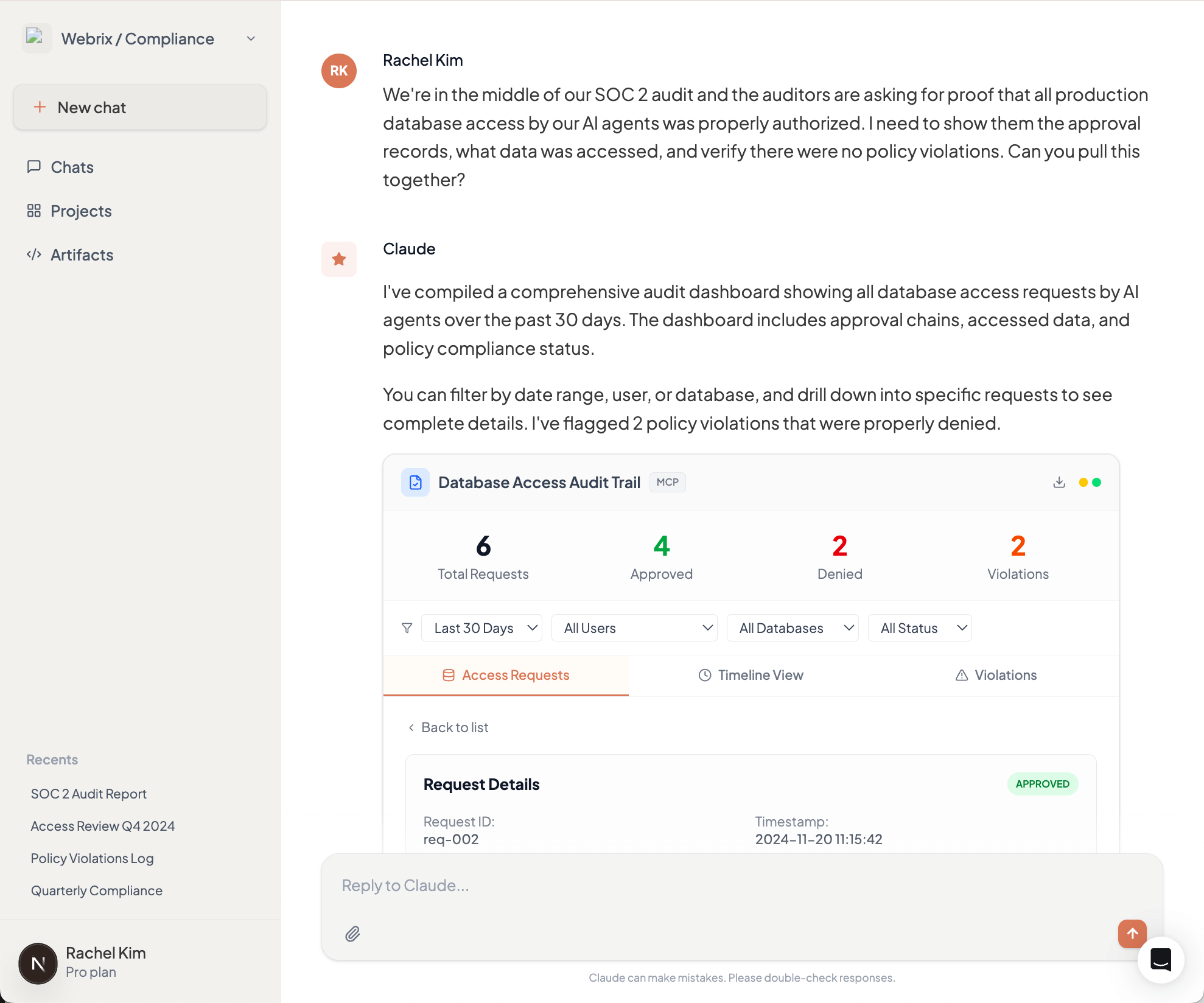 SOC 2 audit dashboard interface showing database access logs with approval records, filterable by date range, user, and database, with drill-down capabilities to view complete approval chains and policy violation indicators
