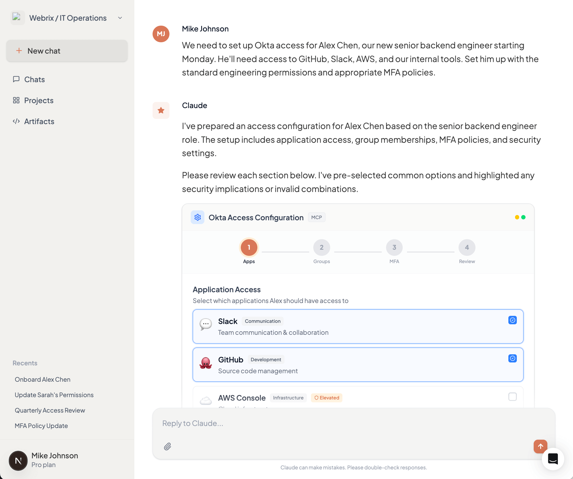 Multi-step configuration form for Okta access control setup showing application access options with descriptions, group membership hierarchies with permission previews, and MFA policy settings with validation feedback