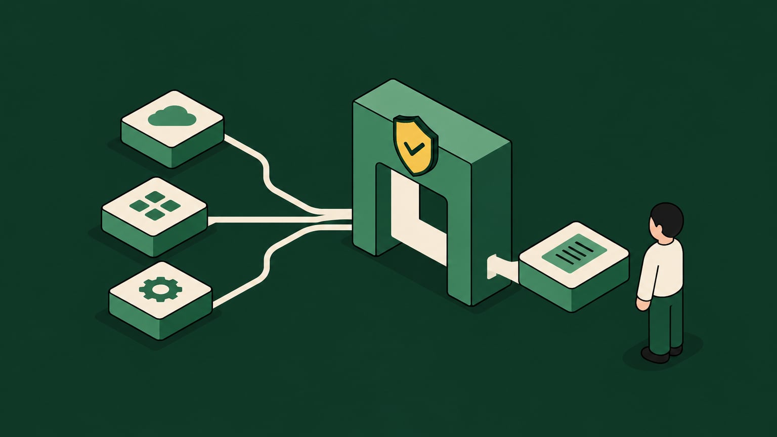 Isometric illustration of tools routed through a shielded MCP gateway to an employee