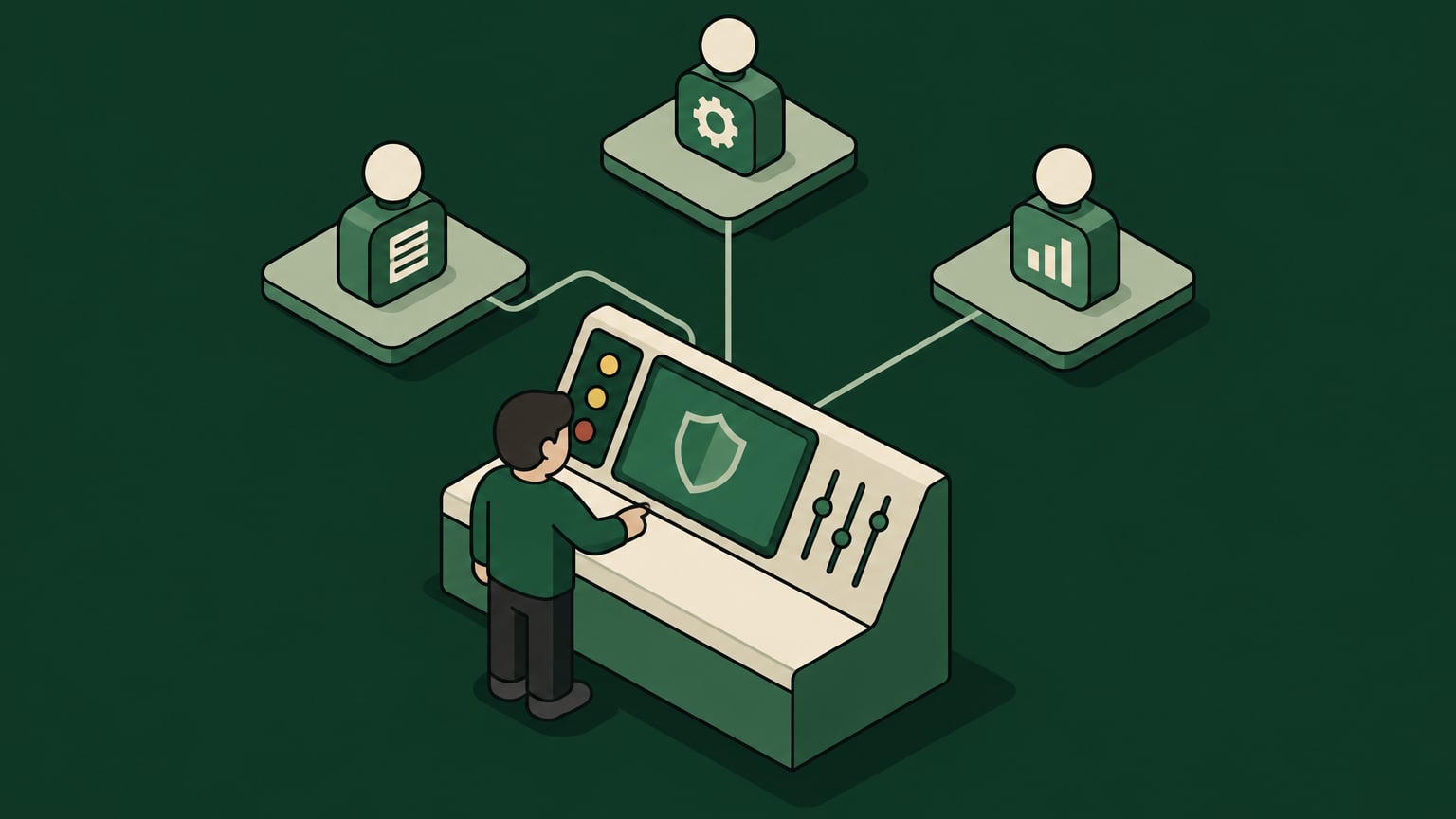 Isometric illustration of an operator at a control console governing connected AI agents