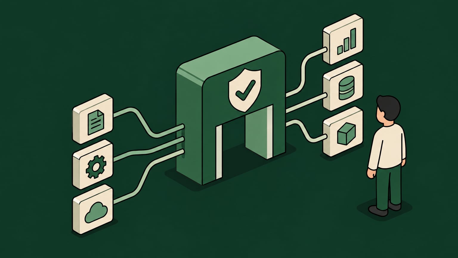 Isometric illustration of clients and upstream tools connected through a shielded MCP proxy