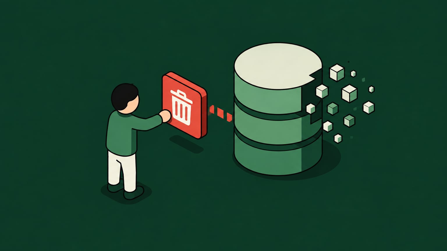 Isometric illustration of a person pressing a red delete button as a production database breaks apart