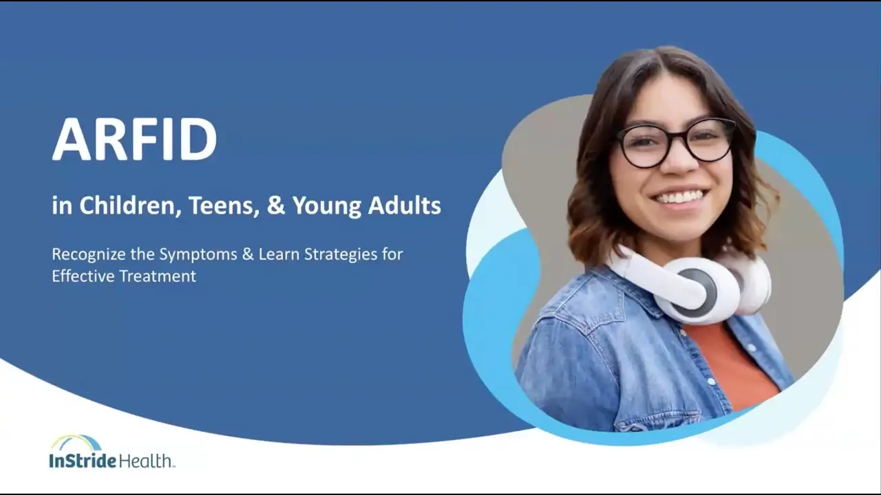 Title slide for an InStride Health presentation titled "ARFID in Children, Teens, & Young Adults," with the subtitle "Recognize the Symptoms & Learn Strategies for Effective Treatment." On the right is a photo of a smiling young woman with shoulder-length brown hair, glasses, a denim shirt, and white headphones around her neck. The InStride Health logo appears in the bottom left corner.