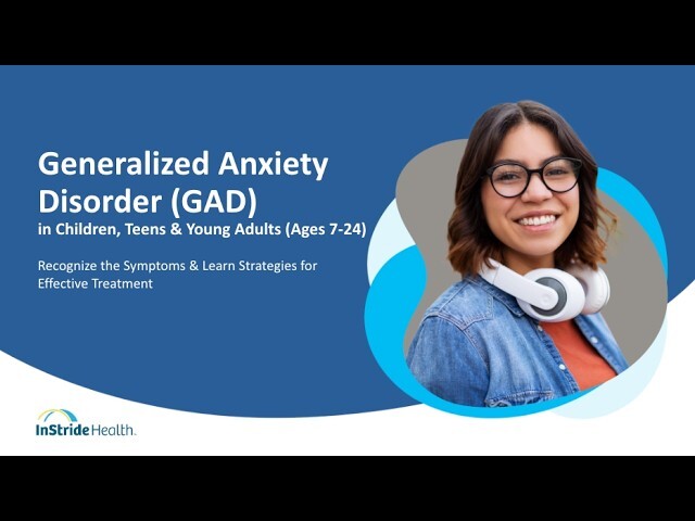 Webinar poster titled 'Caring for Young People with Generalized Anxiety Disorder (GAD)' featuring a smiling person with headphones around their neck. 