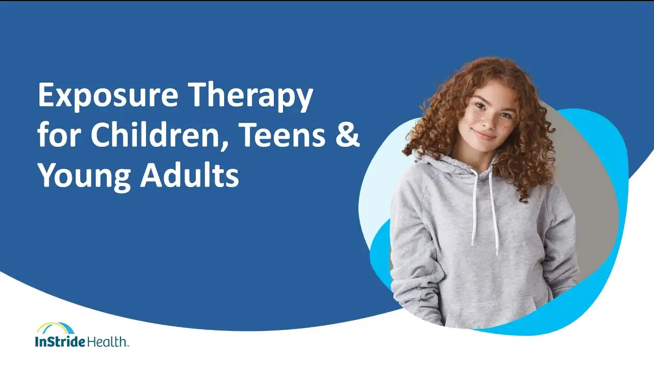 Smiling teenage girl with curly red hair in a gray hoodie beside the title “Exposure Therapy for Children, Teens & Young Adults,” with the InStride Health logo.