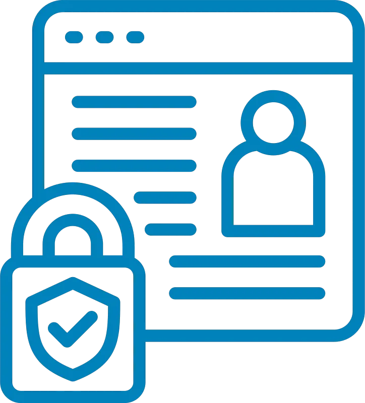 Blue icon of a user profile page with a padlock and checkmark symbolizing secure access.