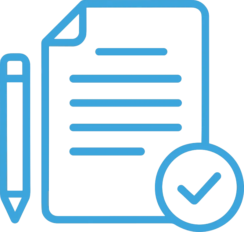 Blue icon of a document with lines, a pencil, and a checkmark in a circle.